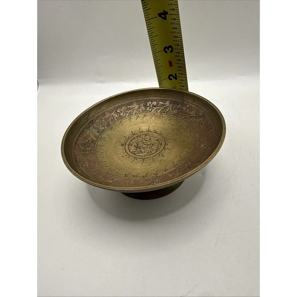 Vintage Brass Pedestal Footed Candy/Trinket Dish‎ Floral Engraved Made in India